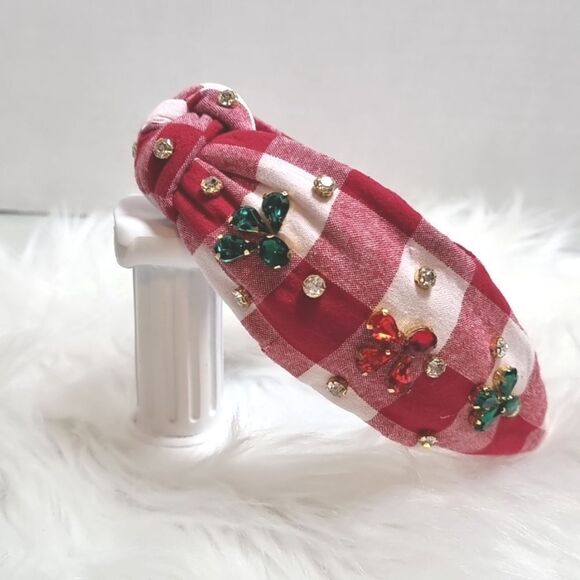 RED PLAID CHRISTMAS HEADBAND rhinestones color block - Picture 1 of 5